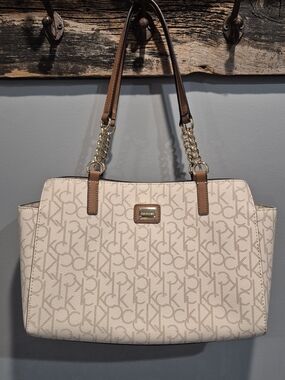 Calvin Klein Garner Monogram Tote Bag Cream Tan Gold